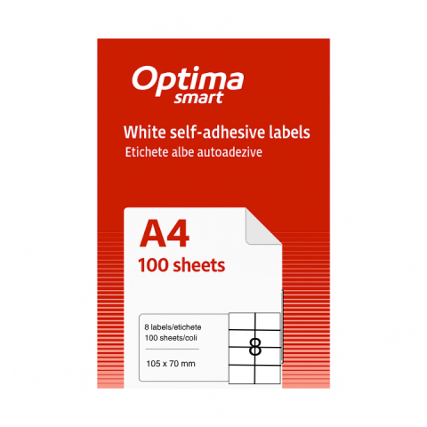 Hartie si articole din hartie - Etichete albe autoadezive 8/A4, 105 x 70 mm, 100 coli/top, Optima Smart