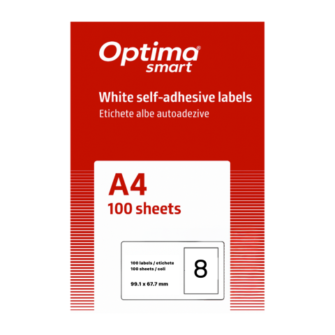 Hartie si articole din hartie - Etichete albe autoadezive 8/A4, 99.1 x 67.7 mm, 100 coli/top, Optima Smart - colturi rotunjite