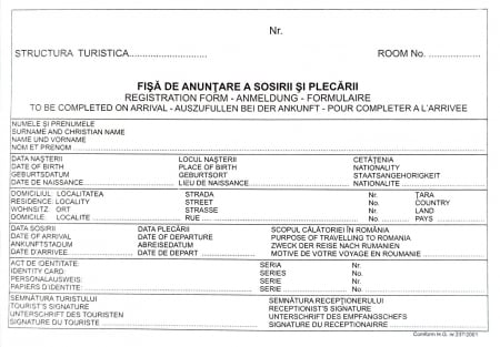 Hartie si articole din hartie - Fisa de anuntare a sosirii si plecarii turistilor, A5 - autocopiativ , 2 ex.