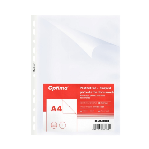 Organizare si arhivare - Folie protectie "L" pentru documente A4, 80 microni, 100 folii/set, Optima - cristal