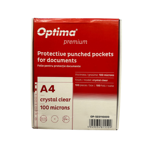 Organizare si arhivare - Folie protectie pentru documente A4, 100 microni, 100 folii/cutie, Optima Premium - cristal