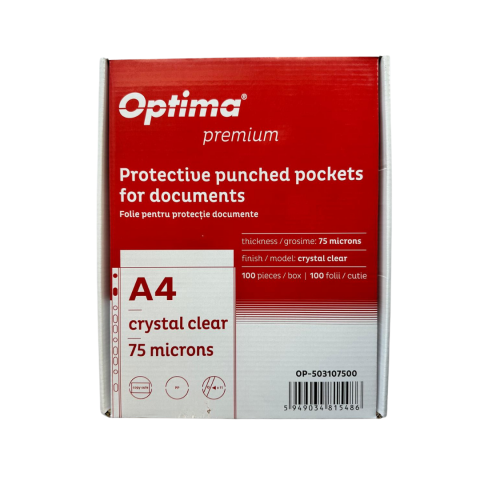 Organizare si arhivare - Folie protectie pentru documente A4, 75 microni, 100 folii/cutie, Optima Premium - cristal