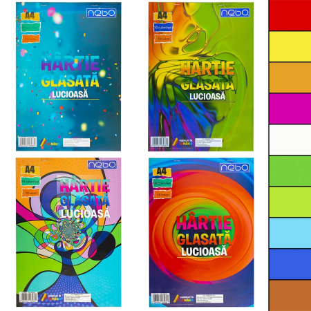 Produse si rechizite scolare - Hartie glasata A4, Lucioasa, 10 culori/set - NEBO
