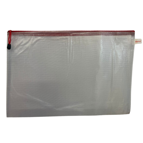 Organizare si arhivare - Mapa mesh PVC, pentru protectie documente A3, 280 microni, translucenta, cu fermoar rosu, Optima