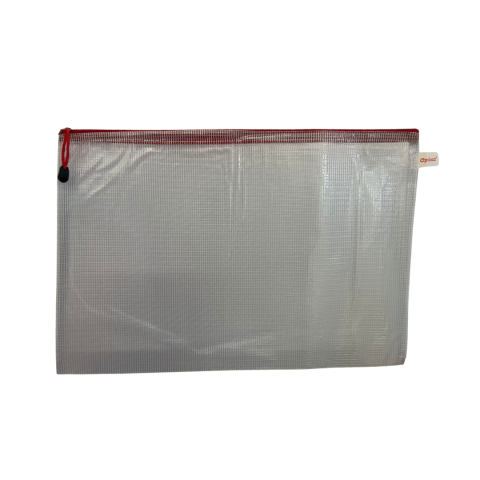 Organizare si arhivare - Mapa mesh PVC, pentru protectie documente A5, 280 microni, translucenta, cu fermoar rosu, Optima