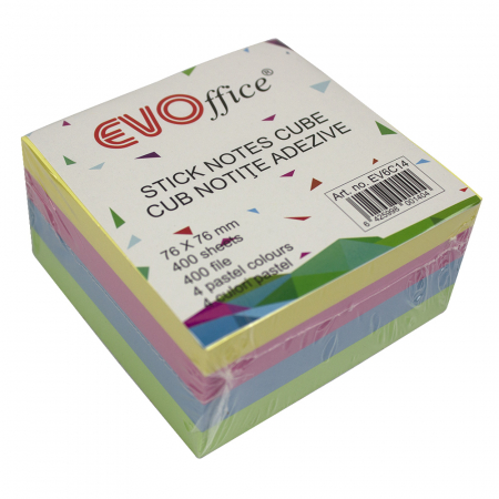 Hartie si articole din hartie - Notes autoadeziv cub color 76*76 mm, 400 file, 4 culori pastel