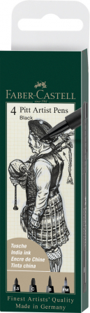 Markere permanente - PITT ARTIST PEN SET 4 BUC NEGRU ( 1.5,C,B,FM) FABER-CASTELL