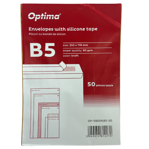 Hartie si articole din hartie - Plic B5 (250x176mm), lipire siliconica, 50 buc/set, Optima - kraft