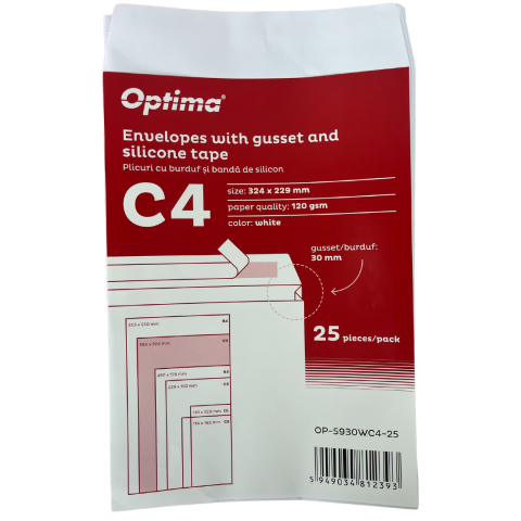 Hartie si articole din hartie - Plic C4 (324x229mm), cu burduf 30mm, lipire siliconica, 25 buc/set, Optima - alb