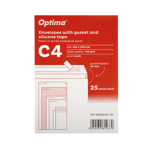 Hartie si articole din hartie - Plic C4 (324x229mm), cu burduf 40mm, lipire siliconica, 25 buc/set, Optima - kraft