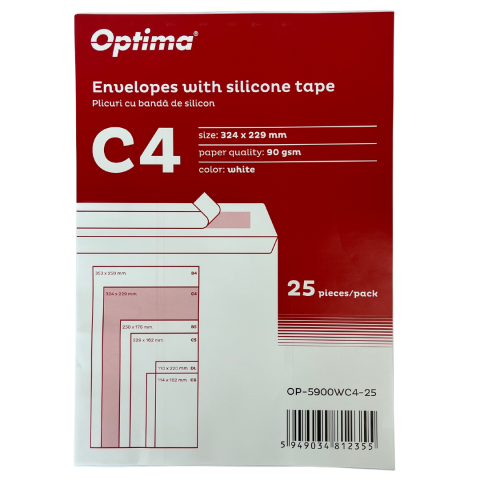 Hartie si articole din hartie - Plic C4 (324x229mm), lipire siliconica, 25 buc/set, Optima - alb