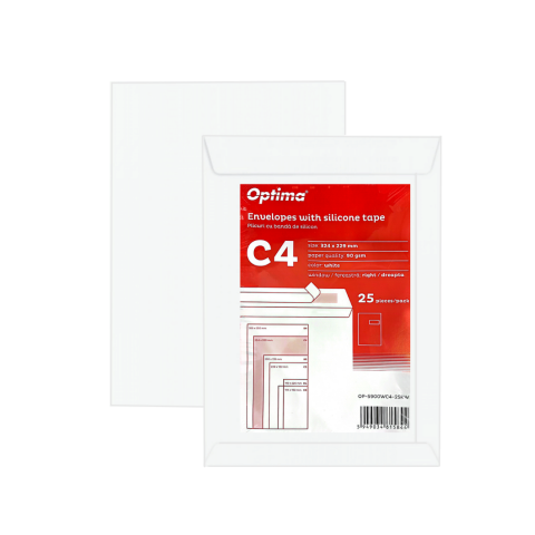 Hartie si articole din hartie - Plic C4 (324x229mm), lipire siliconica, 25 buc/set, Optima - alb - fereastra dreapta, 50x100mm
