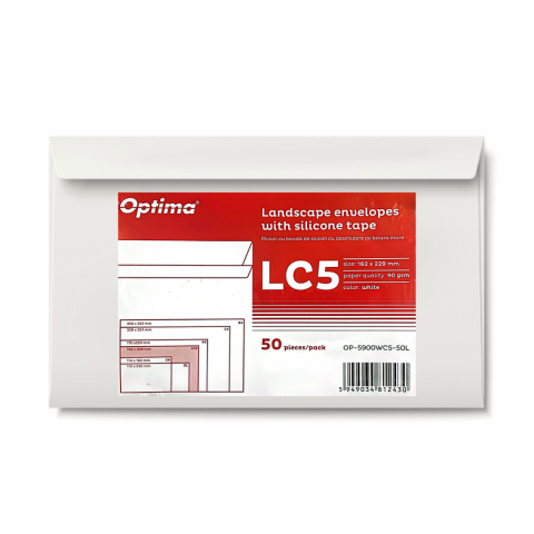 Hartie si articole din hartie - Plic C5 (162x229mm), lipire siliconica, 50 buc/set, deschidere pe latura mare, Optima - alb