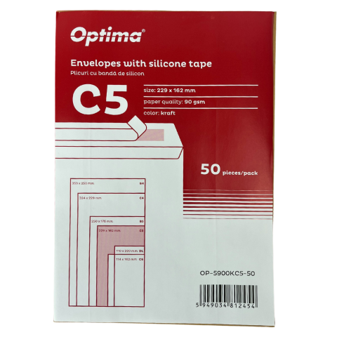 Hartie si articole din hartie - Plic C5 (229x162mm), lipire siliconica, 50 buc/set, Optima - kraft