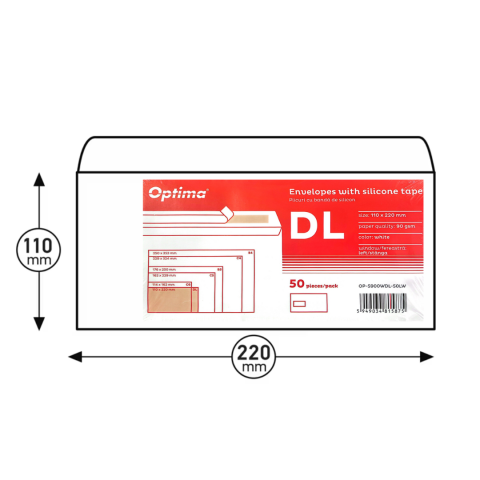 Hartie si articole din hartie - Plic DL (110x220mm), lipire siliconica, 50 buc/set, Optima - alb - fereastra stanga