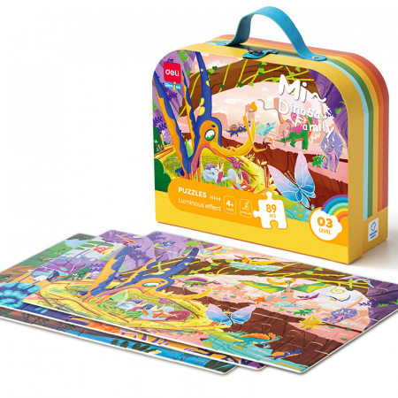 Jocuri / Party - PUZZLE GEANTA CADOU 89 PIESE EFECT LUMINOS DINOZAURI 4+ DELI