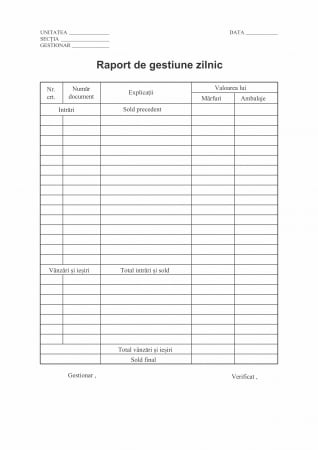 Hartie si articole din hartie - Raport gestiune zilnic A4, autocopiativ , 2 ex.(2 x 50 seturi)
