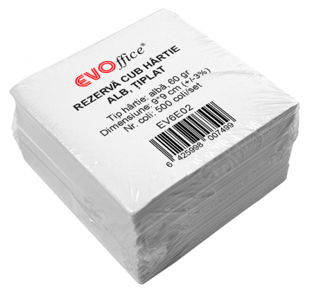 Rezerva cub notes - Rezerva cub 9*9(+/-3%)cm tiplat , hartie alba 60gr, 500coli 