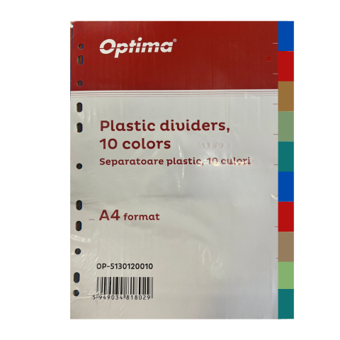 Organizare si arhivare - Separatoare plastic color, A4, 120 microni, 10 culori/set, Optima