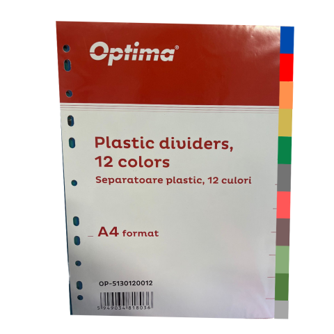 Organizare si arhivare - Separatoare plastic color, A4, 120 microni, 12 culori/set, Optima