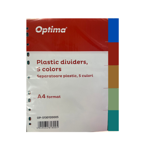 Organizare si arhivare - Separatoare plastic color, A4, 120 microni, 5 culori/set, Optima