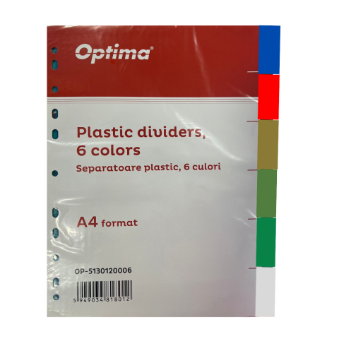 Organizare si arhivare - Separatoare plastic color, A4, 120 microni, 6 culori/set, Optima
