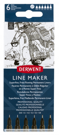 Linere si rollere - SET 6 BUCATI LINER GRAFIC PROFESIONAL (0.05/0.1/0.2/0.3/0.5/0.8 MM) NEGRU DERWENT