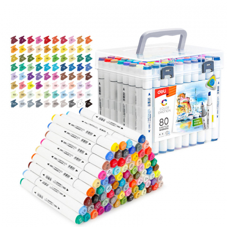 Markere permanente - SET 80 MARKERE SKETCHING VARF DUBLU ROTUND 1MM/TESIT 7MM CUT PLASTIC COLOR EMOTION DELI