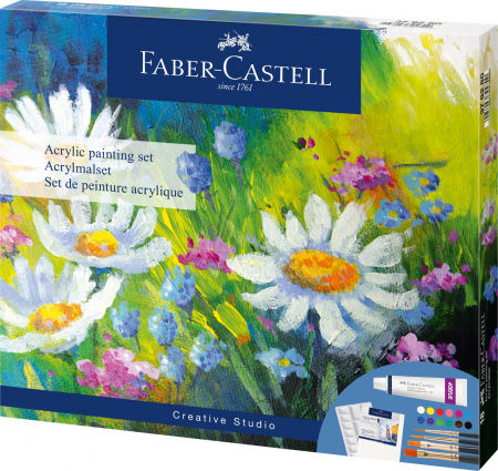 Acuarele, guase, tempera si pensule - SET ACRILIC CREATIV 18 PIESE (12 CULORI ACRILICE x 9ML + CANVAS+ PALETA+ 4 PENSULE) FABER-CASTELL