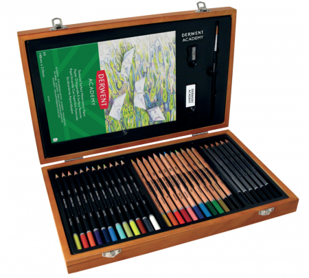 Produse si rechizite scolare - SET COMPLET DESEN 35 BUC CUTIE LEMN DERWENT ACADEMY