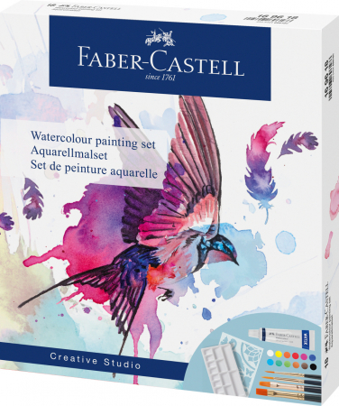 Acuarele, guase, tempera si pensule - SET CREATIV TEMPERA 18 PIESE (TEMPERA ACUARELE 12 CULORI X 5 ML + 4 PENSULE+ SABLON PLASTIC) FABER-CASTELL