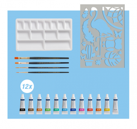 SET CREATIV TEMPERA 18 PIESE (TEMPERA ACUARELE 12 CULORI X 5 ML + 4 PENSULE+ SABLON PLASTIC) FABER-CASTELL [2]