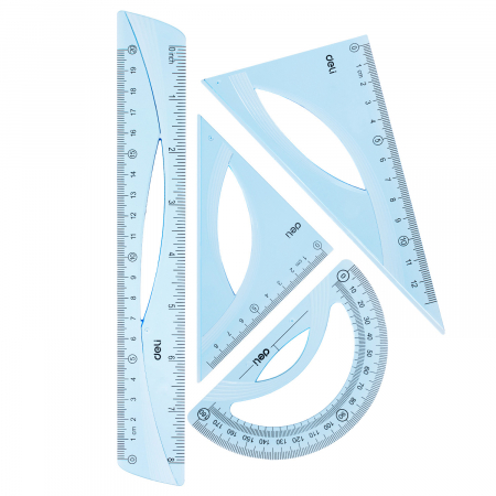 Truse geometrie - SET GEOMETRIE 4 PIESE ALBASTRU TRANSPARENT (RIG20CM, ECH*2, RAP) DELI