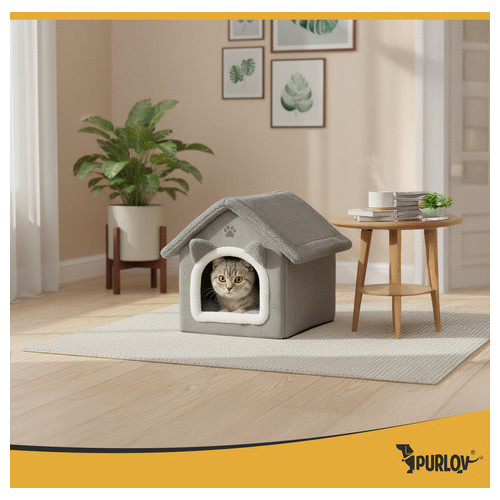 Casuta pentru pisici si caini PURLOV, gri plush, perna lavabila si baza antiderapanta, 39×38×35 cm, interior confortabil [7]