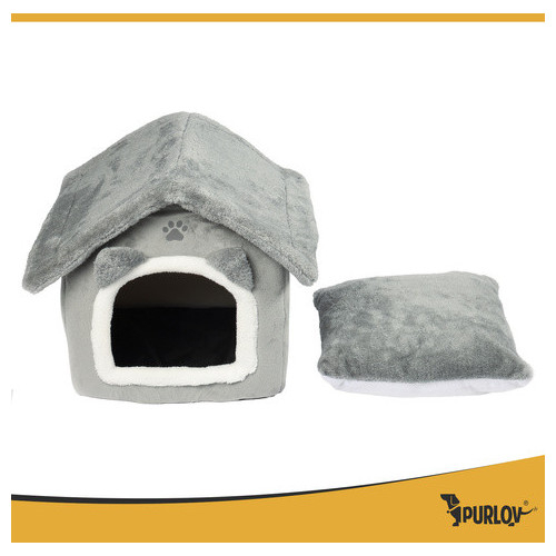 Casuta pentru pisici si caini PURLOV, gri plush, perna lavabila si baza antiderapanta, 39×38×35 cm, interior confortabil [3]