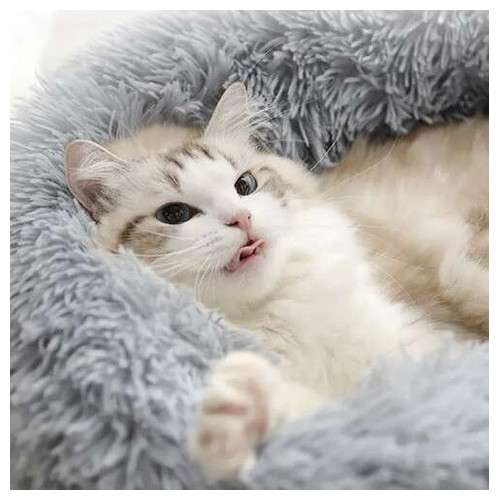 Pat pufos pentru caine / pisica, Purlov Hairy, gri, M (Ø 54 cm), poliester + bumbac, anti-alunecare si confort termic [4]