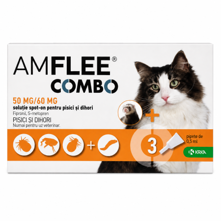 PISICI - Amflee Combo Cat 50 mg/60 mg, 3 Pipete, Antiparazitar Spot-On pentru Pisici, Purici si Capuse