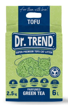 Asternuturi pisici - Așternut igienic natural pentru pisici Dr Trend Premium, Tofu Ceai Verde, 6 L / 2.5 kg