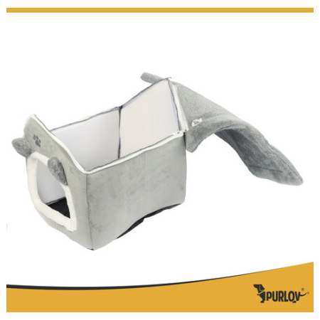 Casuta pentru pisici si caini PURLOV, gri plush, perna lavabila si baza antiderapanta, 39×38×35 cm, interior confortabil [3]