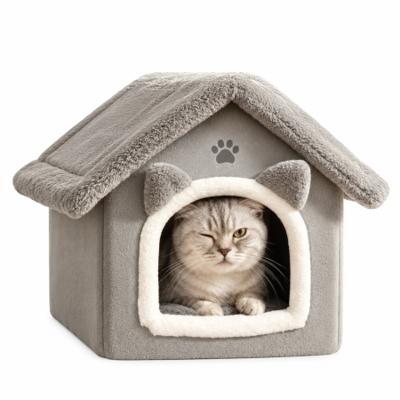 Accesorii caini - Casuta pentru pisici si caini PURLOV, gri plush, perna lavabila si baza antiderapanta, 39×38×35 cm, interior confortabil