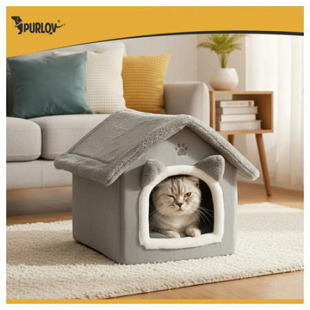 Casuta pentru pisici si caini PURLOV, gri plush, perna lavabila si baza antiderapanta, 39×38×35 cm, interior confortabil [5]