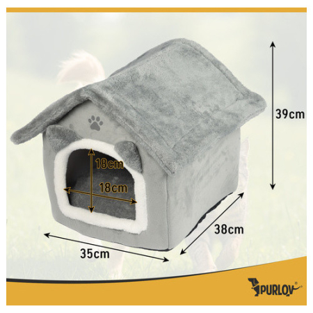 Casuta pentru pisici si caini PURLOV, gri plush, perna lavabila si baza antiderapanta, 39×38×35 cm, interior confortabil [1]