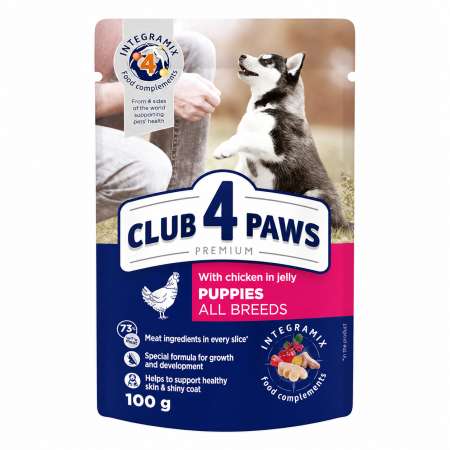 CAINI - Hrana umeda Premium caini, Club 4 Paws Puppy All Breeds, Pui, 100 g