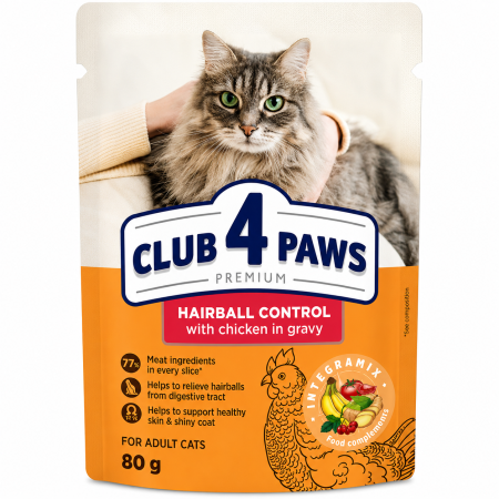 Hrana umeda pisici - Club 4 Paws Premium, Hrana umeda pisici, Hairball Control, cu pui in sos, 80g