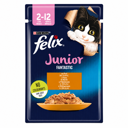 Hrana umeda pisici - Felix Fantastic Junior cu Pui în Aspic, Hrană Umedă pentru Pui de Pisică, 85 g