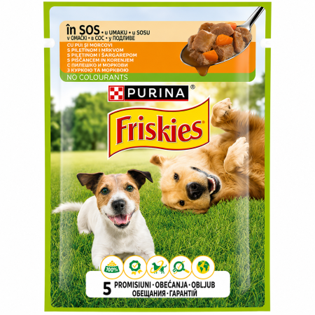 CAINI - Hrana umeda pentru caini adulti FRISKIES cu Pui si Morcov in sos 85gr