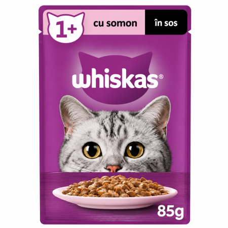 Hrana umeda pisici - Hrana umeda pentru pisici adulte cu somon în sos, Whiskas, 85g