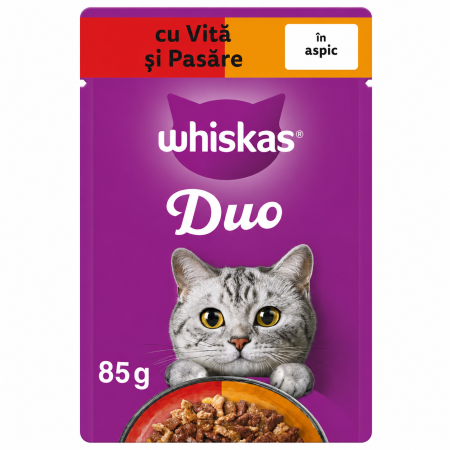 Hrana umeda pisici - Hrana umeda pentru pisici adulte cu vita si pasare în aspic, Whiskas, 85g