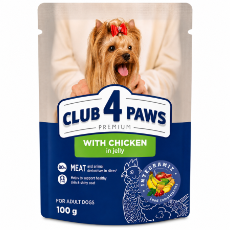 CAINI - Hrana umeda Premium caini, Club 4 Paws cu Pui in jeleu 100 g