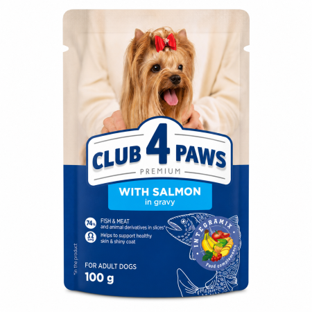 CAINI - Hrana umeda Premium caini, Club 4 Paws cu Somon in sos 100 g